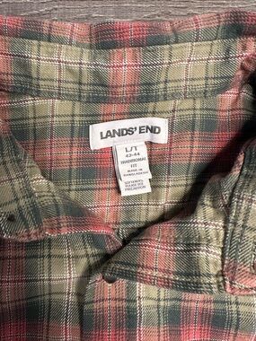 Lands' End Mens Red, Green & Tan Flannel Plaid Button-Down Shirt Traditional Fit